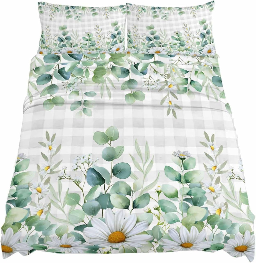 Green Eucalyptus Leaves Cal King Sheet Set 4 Piece Bedding - Daisy Summer Botanical Watercolor Plaid Breathable Comfy Cooling Bed Sheets & Pillowcase Sets, Hotel Flat Sheets Deep Pockets Fitted Sheet