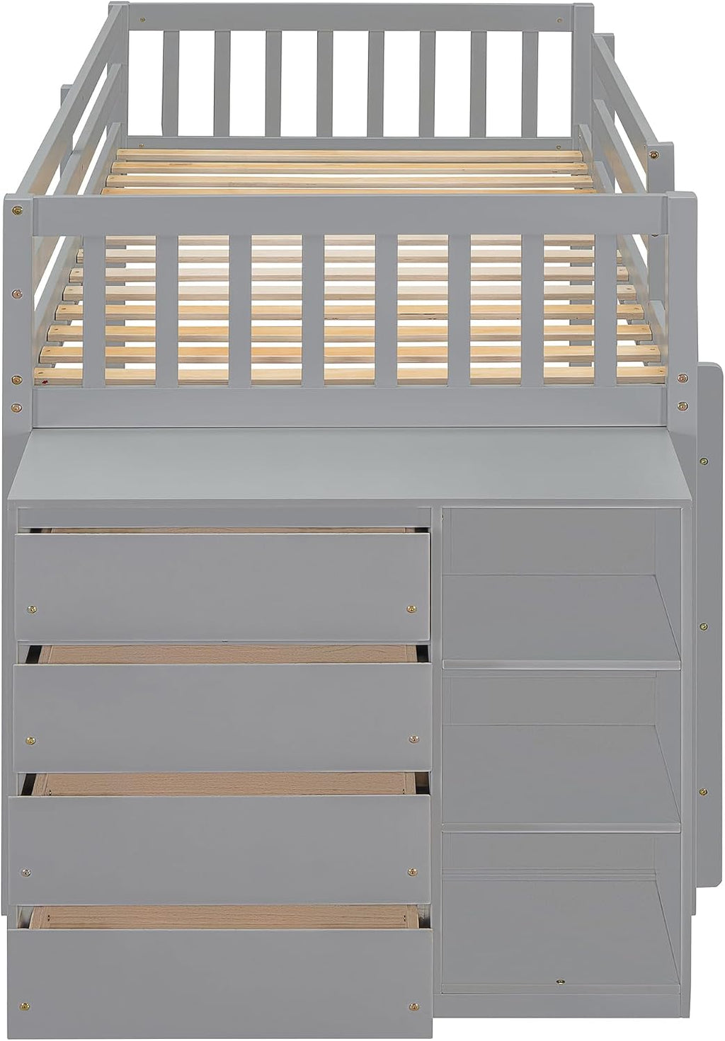Merax Twin Over Twin Bunk Bed with 4 Drawers and 3 Shelves, Gray Bed Frame Wooden, No Box Spring Needed