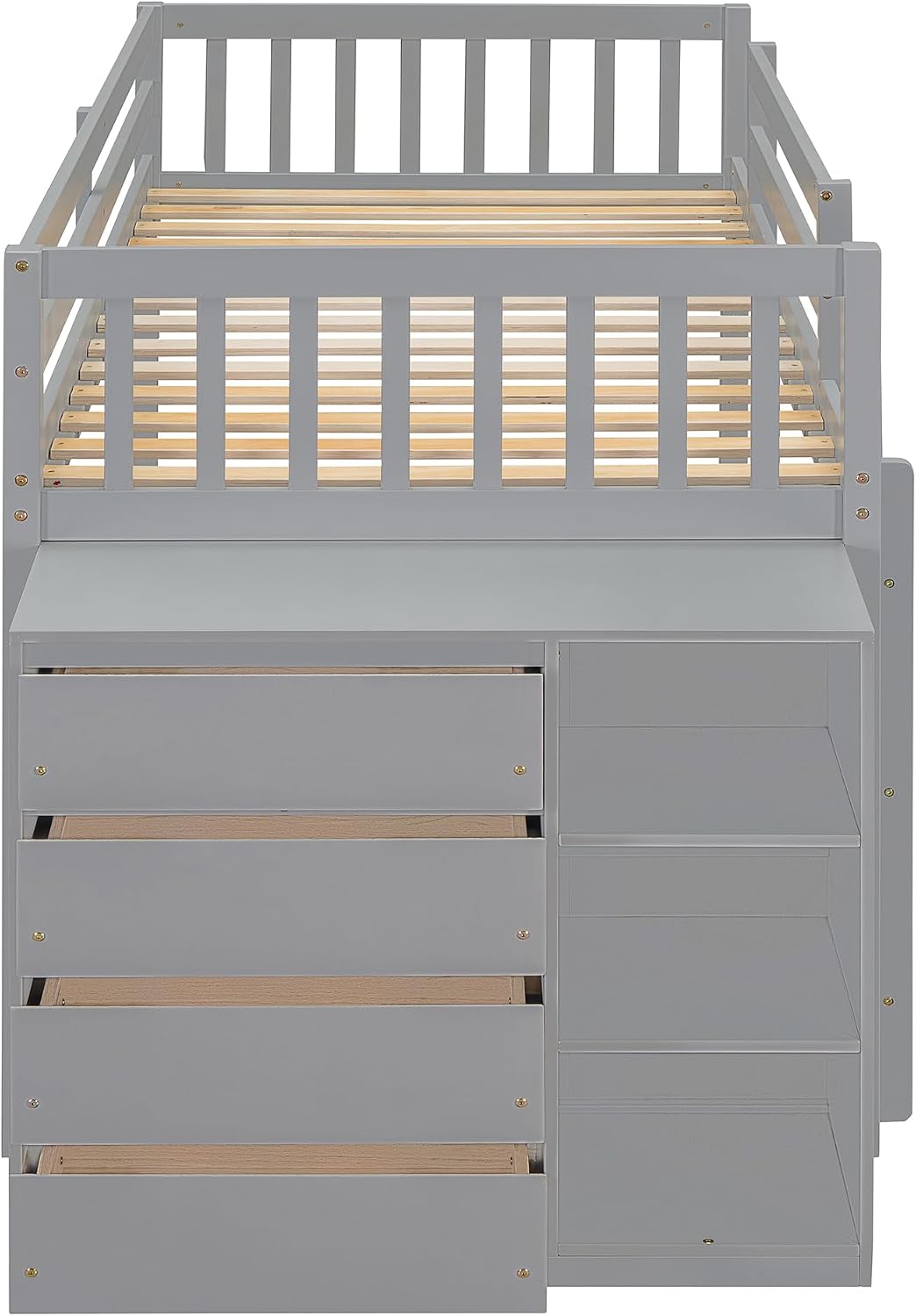 Merax Twin Over Twin Bunk Bed with 4 Drawers and 3 Shelves, Gray Bed Frame Wooden, No Box Spring Needed