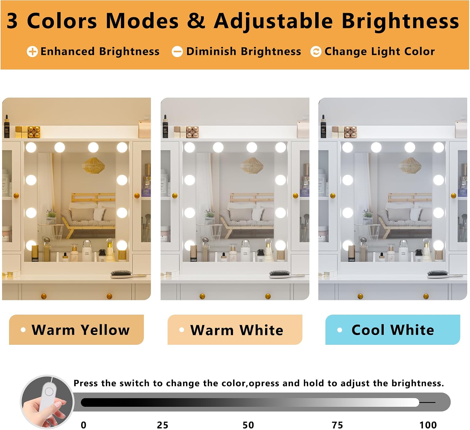 Wodeer Vanity Desk with Mirror and Lights, 43' White Makeup Vanity Set with 5 Drawers & Glass Cabinets, Makeup Tray, Power Outlet & Adjustable LED Lights, Dressing Table for Women Girls Bedroom