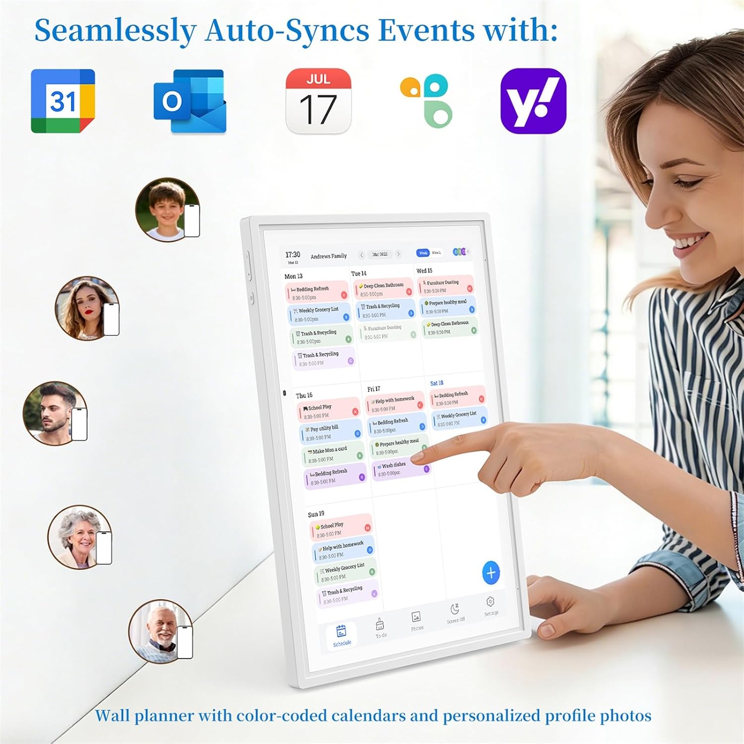 15.6 Inch Digital Calendar, Smart Touchscreen Electronic Wall Calendar & Chore Chart, No Subscription Family Planner with Google/Outlook/iCloud Sync, Meal Planner, Photo Display, Wall & Desk Mountable