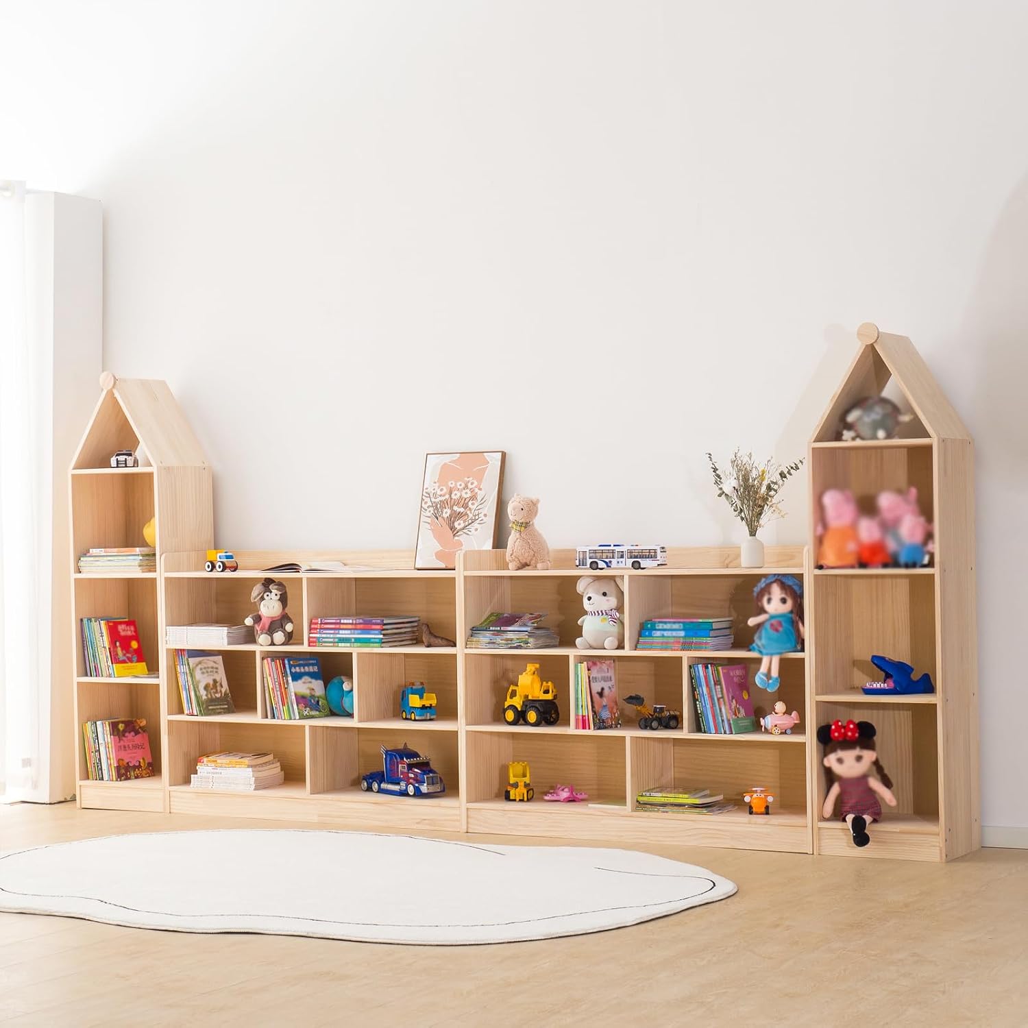 Wooden 7 Compartment Storage Cabinet Organizer Kids 3 Tier Wood Bookshelf School Storage Shelf Classroom Furniture for Kids Natural (47.24' L x 11.81' W x 35.43' H)