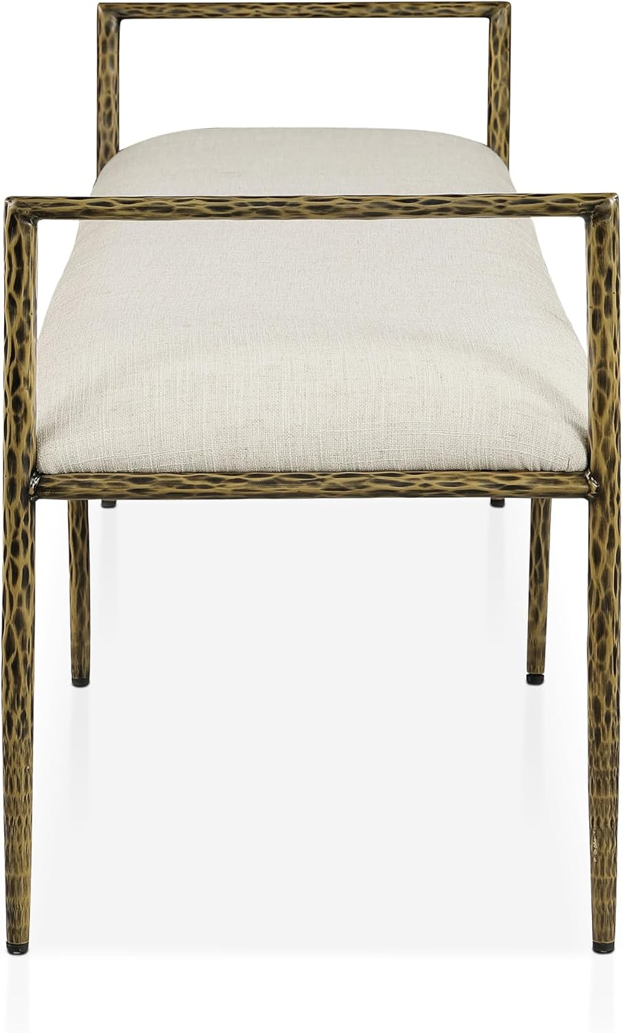 24/7 Shop at Home Lalia Hammered Metal 4-Piece Bedroom Collection, Upholstered Bed Frame with Beige Fabric Headboard, Bench and 1-Shelf Nightstands, Foundation Required, Full, Matte Gold