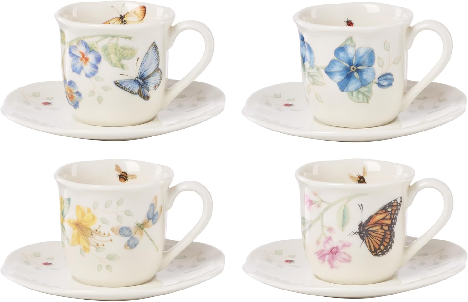 Lenox 897806 Butterfly Meadow Espresso Cup & Saucer, Set Of 4, Service For 4