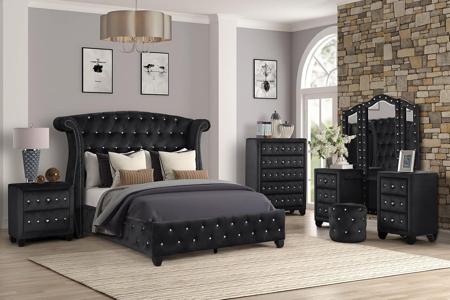 Full 5 Pc Vanity Upholstery Bedroom Set Made with Wood in Black