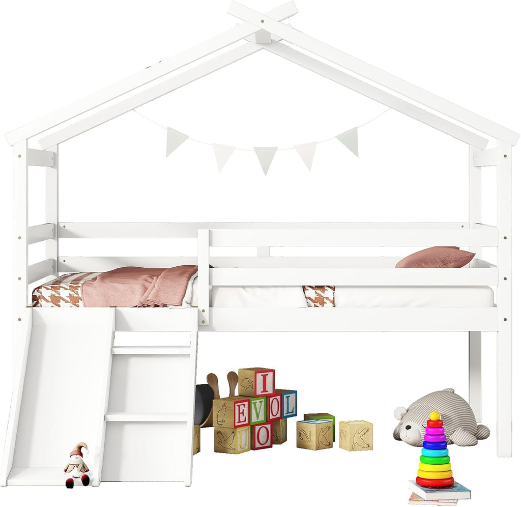 JIVOIT Twin Size Low Loft Bed with Slide and Ladder, House Loft Bed with Safety Guardrails, Capacious Space Under Bed, House Roof Frame for Kids Teens Girls Boys (White * 098)