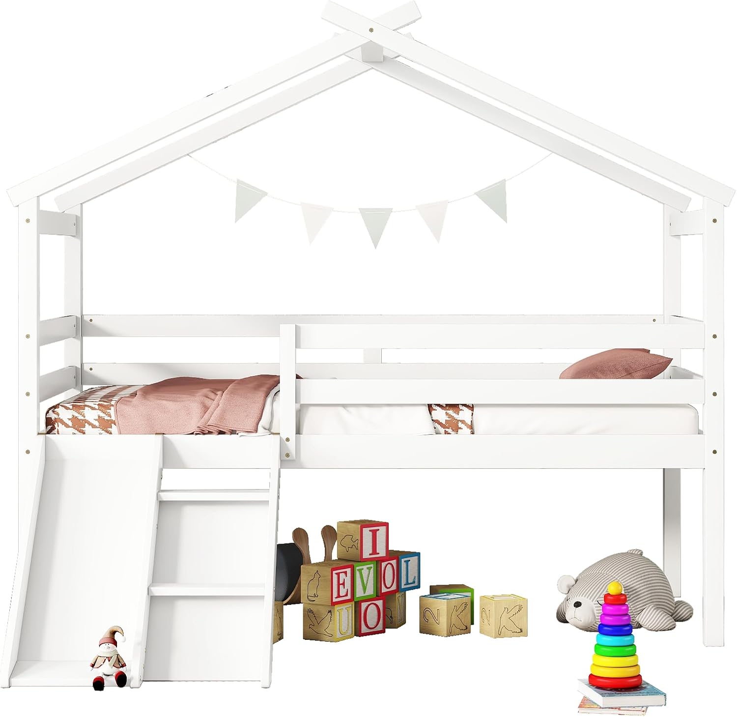 JIVOIT Twin Size Low Loft Bed with Slide and Ladder, House Loft Bed with Safety Guardrails, Capacious Space Under Bed, House Roof Frame for Kids Teens Girls Boys (White * 098)
