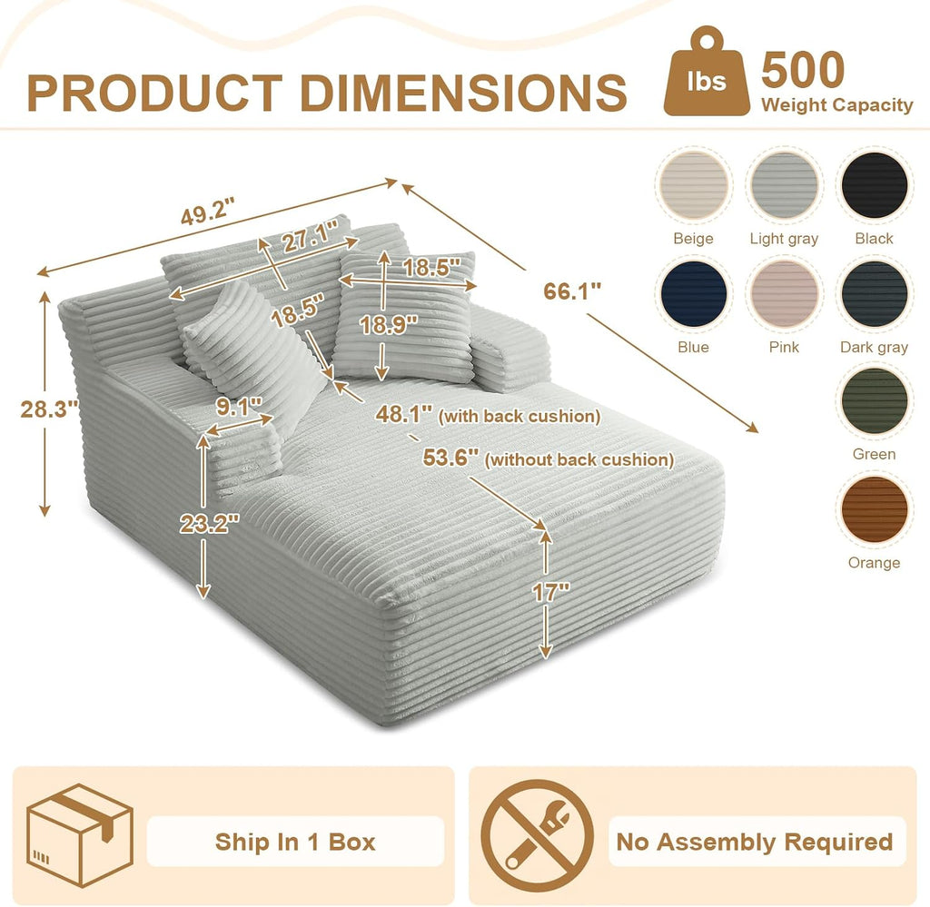 Oversized Chaise Lounge Chair Indoor, 66' Cloud Boneless Sleeper Couch Corduroy Upholstered Sofa Bed Deep Seat Comfy Reading Chair with 3 Pillows for Living Room Bedroom, Light Grey