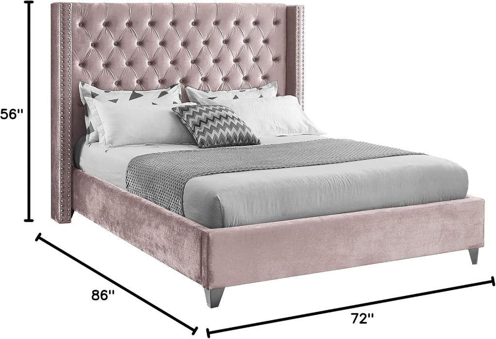 Meridian Furniture Aiden Collection Modern | Contemporary Velvet Upholstered Bed with Deep Button Tufting, Solid Wood Frame, and Custom Chrome Legs, Queen, Pink