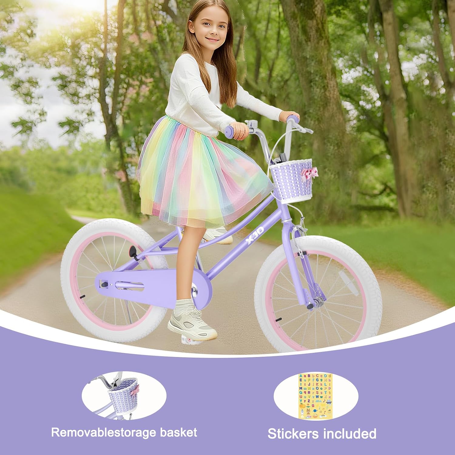 XJD Girls Bike for 3-12 Years Old Girls, 12 14 16 20 Inch Kids Bike with Training Wheels, Adjustable Seat Height, Coaster Brake, Streamers Basket
