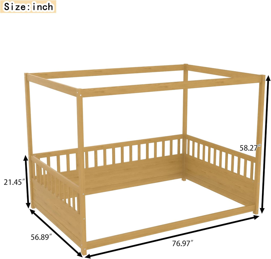 Full Size Canopy Bed Frame with Guardrails,Floor Bed Full with Four Poster Design,Montessori Floor Bed,Wood Canopy Bed Frame for Girls,Boys(Full,Natural)
