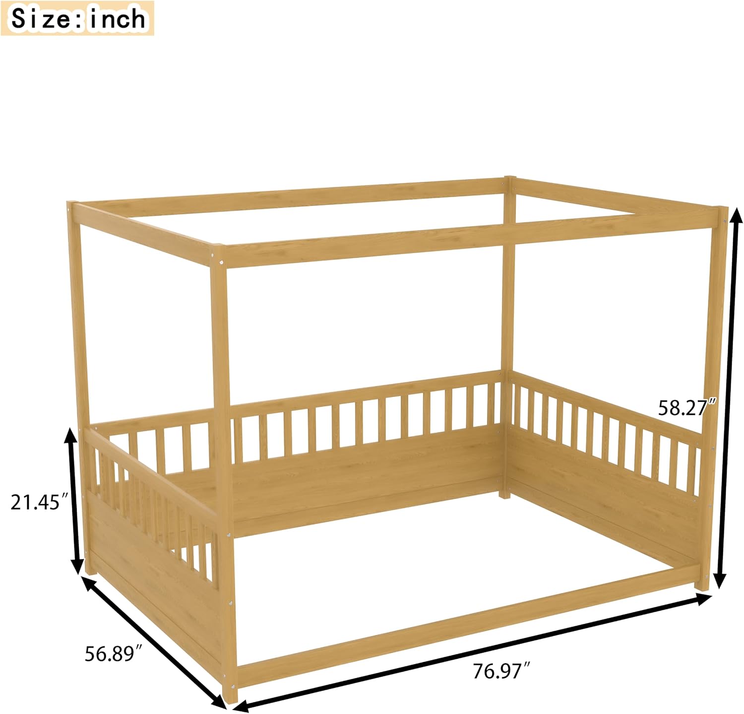 Full Size Canopy Bed Frame with Guardrails,Floor Bed Full with Four Poster Design,Montessori Floor Bed,Wood Canopy Bed Frame for Girls,Boys(Full,Natural)