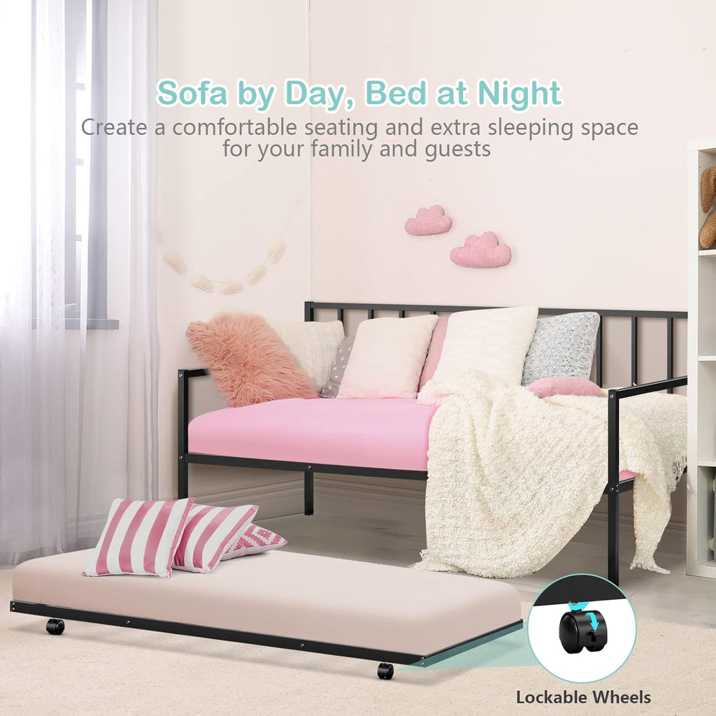 COSTWAY Twin Size Daybed and Trundle, Metal Frame Daybed and Roll Out Trundle w/Steel Slat Support & 4 Lockable Casters, Heavy-Duty Daybed for Guest Room, Bedroom (Black)