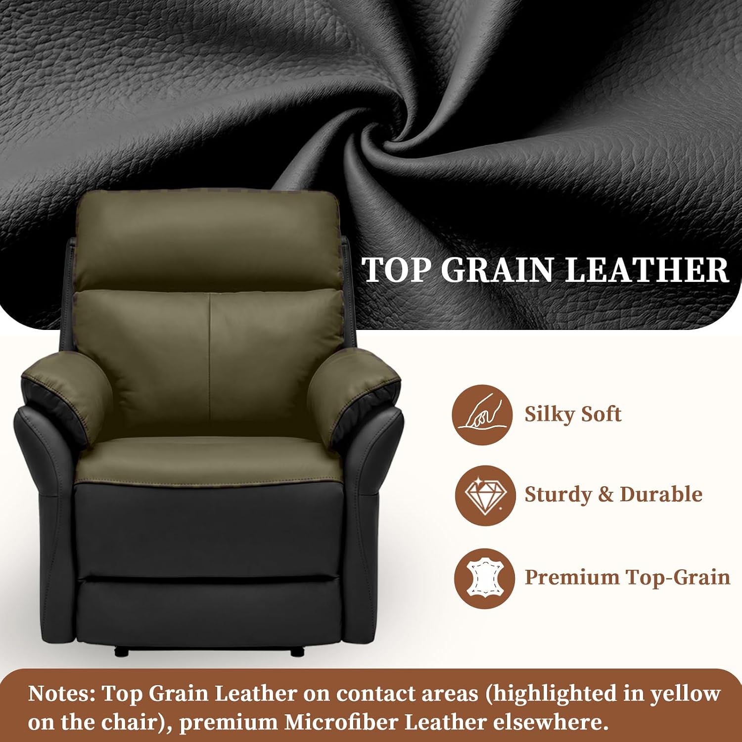 AIRSKY Genuine Leather Recliner Chair, Top Grain Leather, Italian Water-Washing Process, Reclining Sofa Chair for Reading, Single Sofas for Living Room, Theater Seating, Bedroom. Black,R1