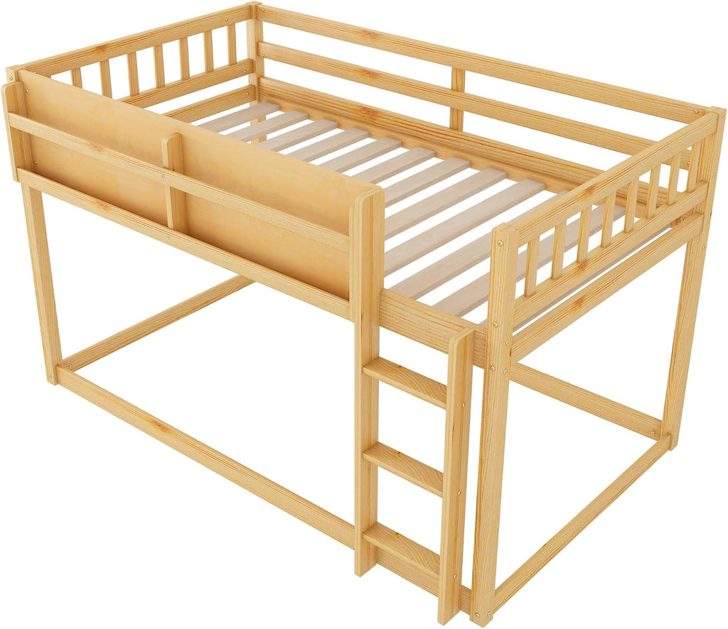 KEIKI Convertible Loft Bed Frame with Storage Shelf, Twin Over Twin Floor Bunk Bed with Ladder & Guardrails, Solid Kids Beds Frames for Boys Girls Bedroom, No Box Spring Needed, Easy Assembly, Brown