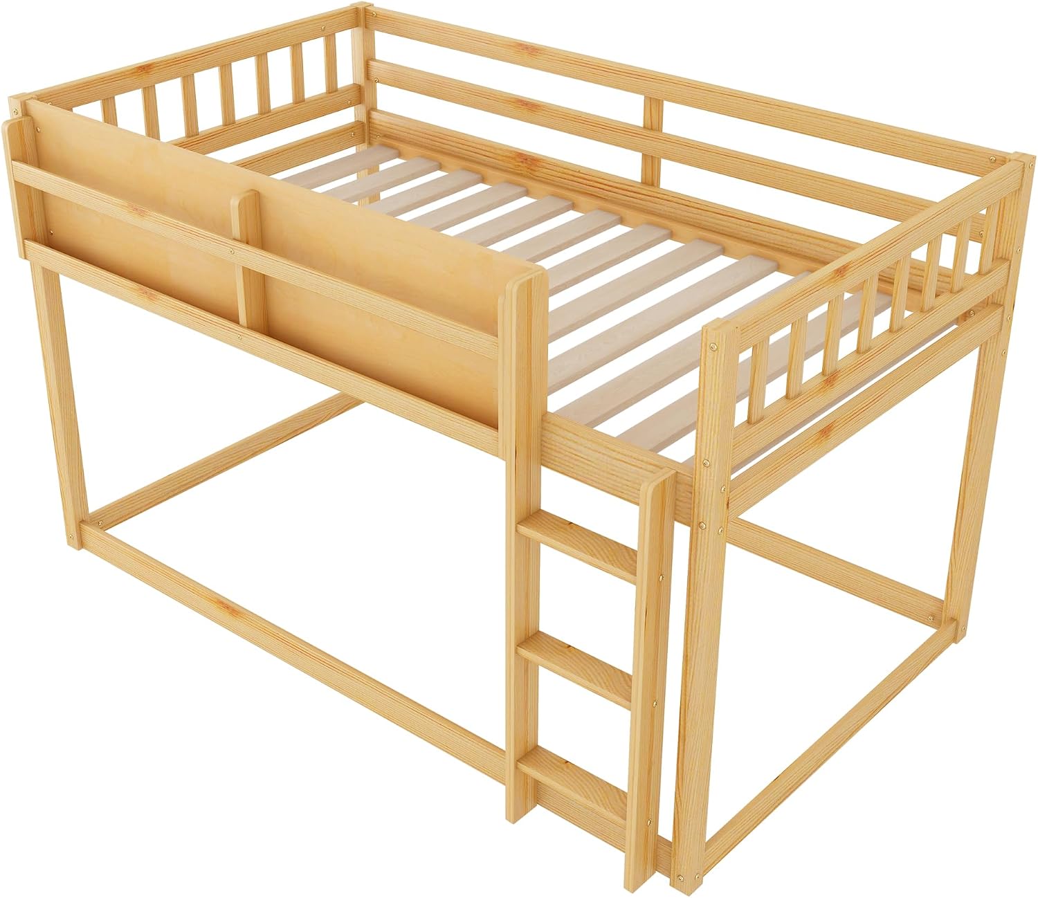 KEIKI Convertible Loft Bed Frame with Storage Shelf, Twin Over Twin Floor Bunk Bed with Ladder & Guardrails, Solid Kids Beds Frames for Boys Girls Bedroom, No Box Spring Needed, Easy Assembly, Brown