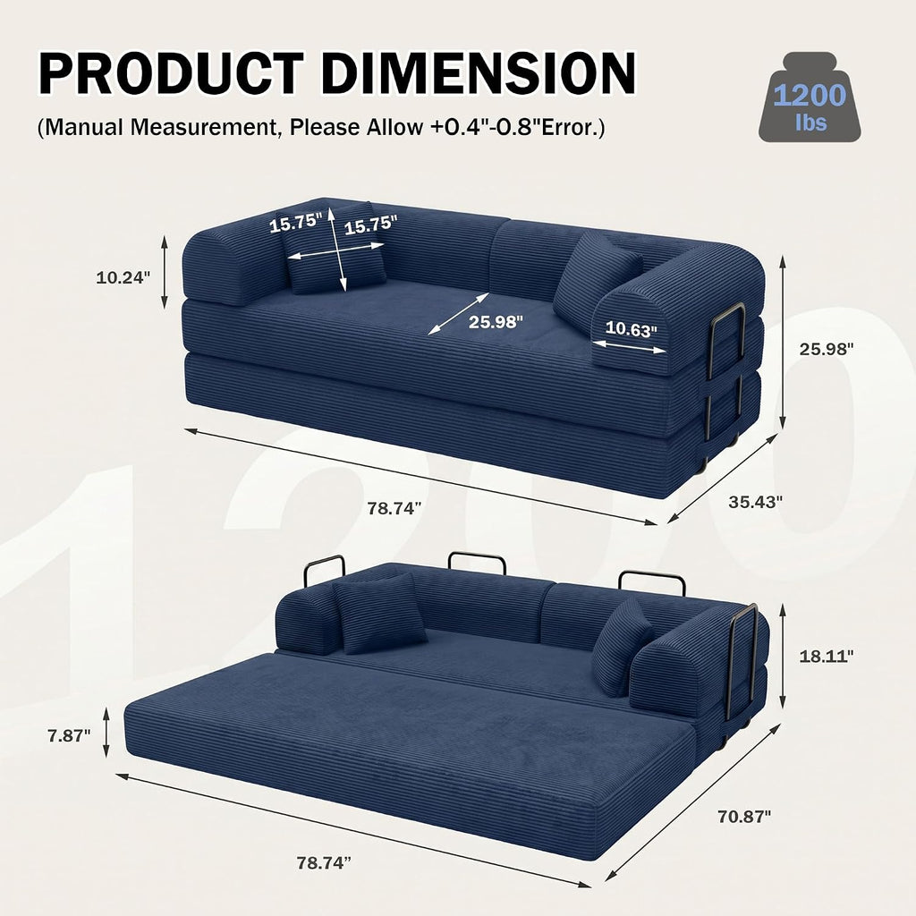 79'' Modular Convertible Sofa Bed, 5-in-1 Folding Corduroy Sleeper, Pull Out Floor Couch for Home Office Living Room with Mattress, No Assembly (Blue)