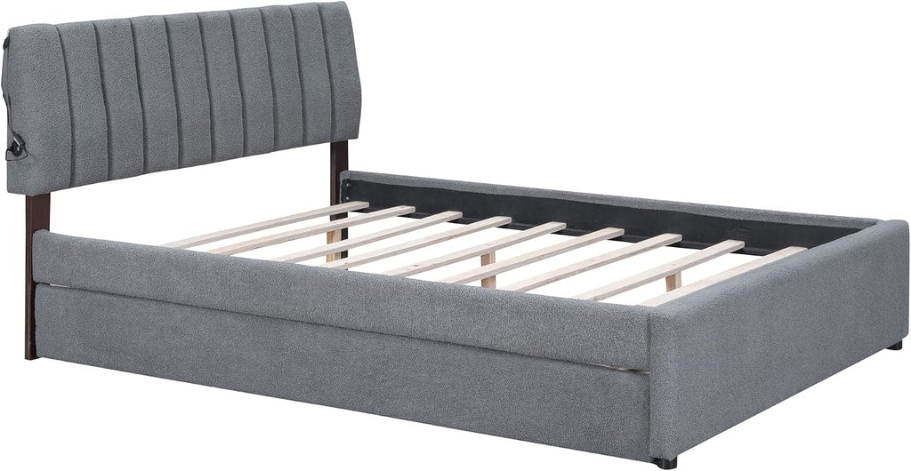 Teddy Fleece Queen Size Upholstered Platform Bed Frame for Boys Girls Kids Adults Toddler with Trundle, Gray