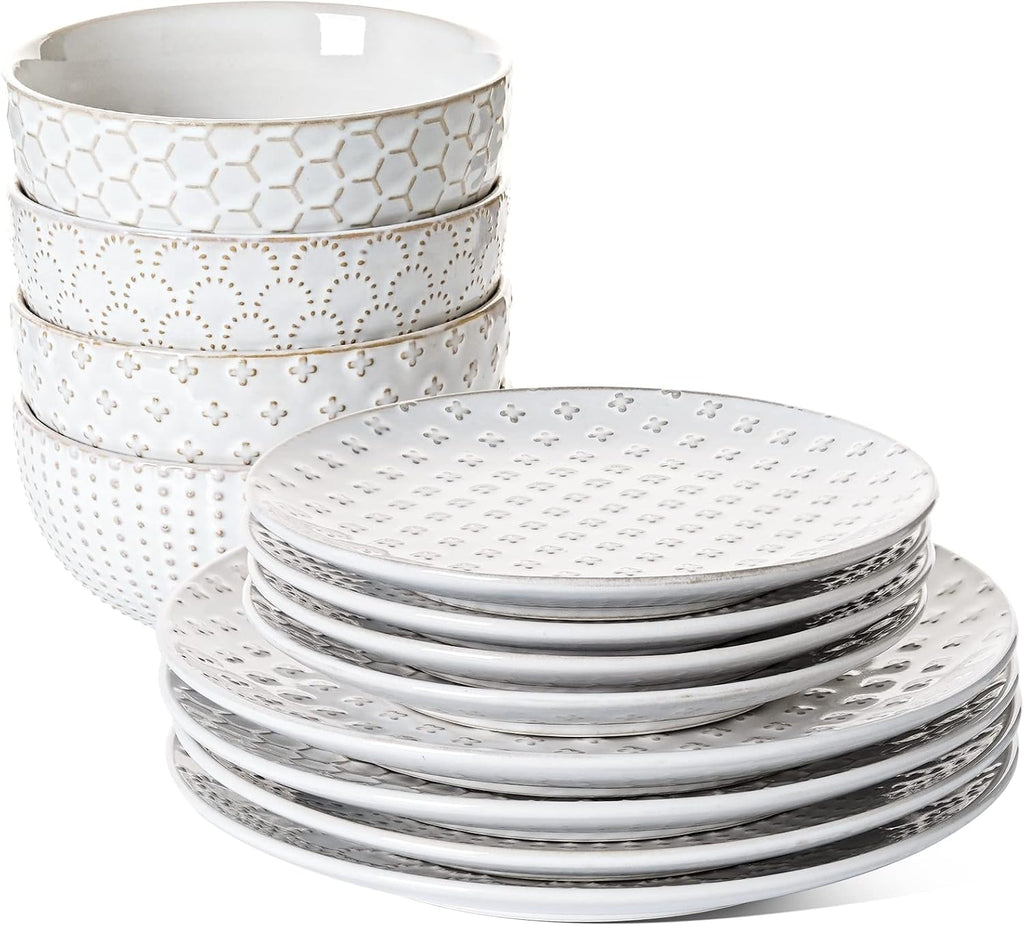 LE TAUCI Plates and Bowls Sets for 4, 12 Piece Ceramic Dinnerware Sets, Modern Stoneware Kitchen Dish Set, Chip Resistant, Microwave & Dishwasher Safe, Embossed, Arctic White