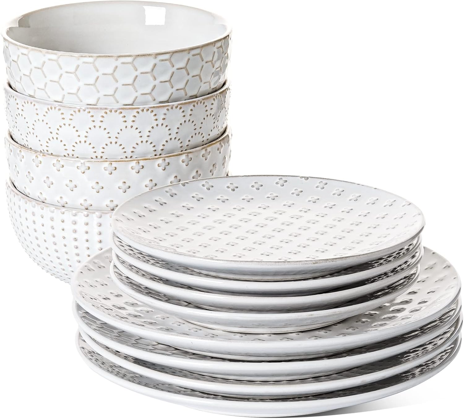 LE TAUCI Plates and Bowls Sets for 4, 12 Piece Ceramic Dinnerware Sets, Modern Stoneware Kitchen Dish Set, Chip Resistant, Microwave & Dishwasher Safe, Embossed, Arctic White
