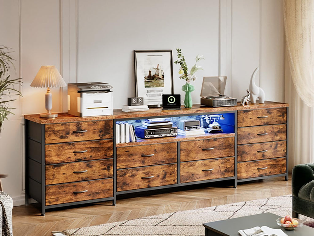 EnHomee 63' W TV Stand Fits 65/70 Inch TV, 12 Drawers Dresser with LED Lights & Power Outlets, Entertainment Center Long Fabric Dresser for Bedroom, Living Room, Hallway, Rustic Brown