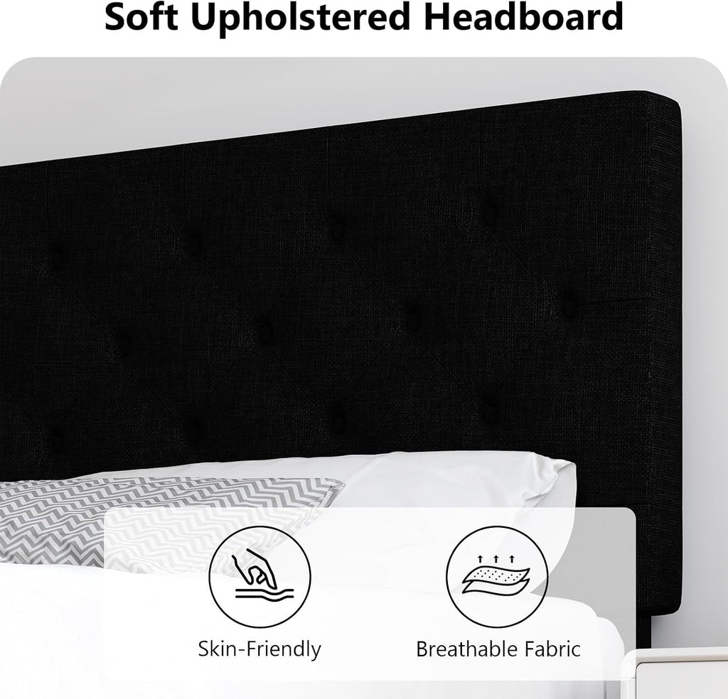 HOMBCK King Size Bed Frame, Linen Fabric Upholstered Bed Frame King Size with Headboard, Wood Slats Support, Button Tufted Design, No Box Spring Needed, Black