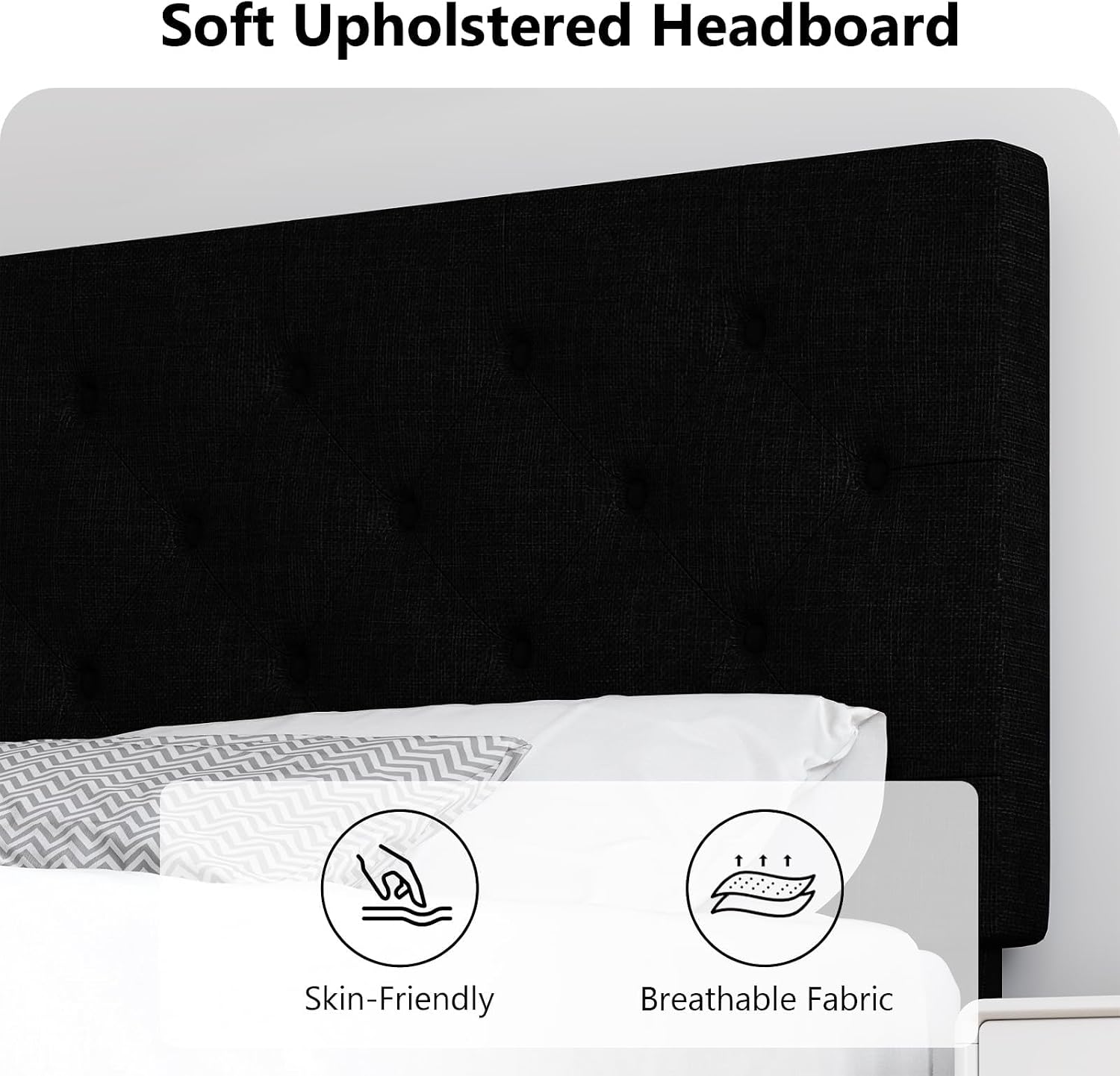 HOMBCK King Size Bed Frame, Linen Fabric Upholstered Bed Frame King Size with Headboard, Wood Slats Support, Button Tufted Design, No Box Spring Needed, Black
