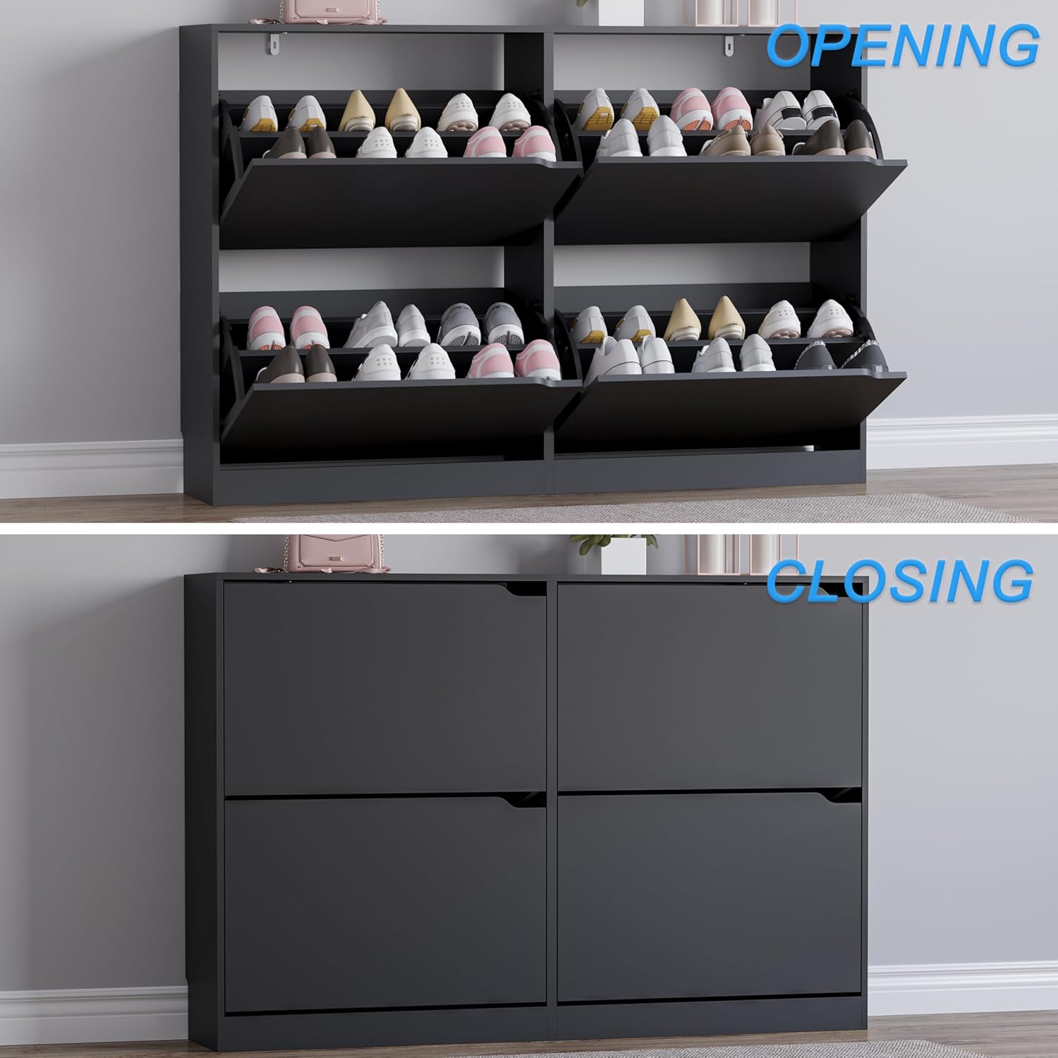BORNOON Shoe Cabinet with 4 Flip Drawers, Narrow Hidden Shoe Storage Cabinet, Slim Freestanding Shoe Rack Organizer for Entryway, Hallway, Bedroom, Living Room