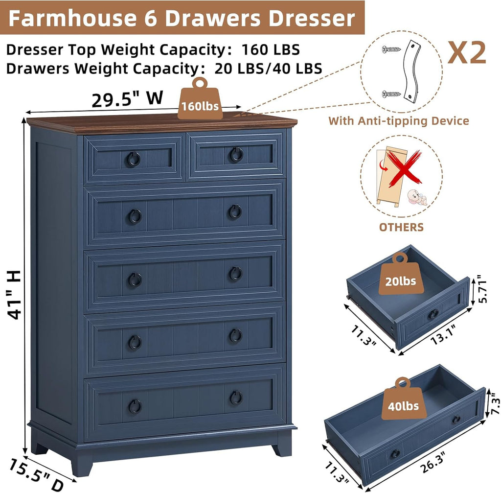 Joaxswe Farmhouse 5 Drawer Dresser for Bedroom, 42' Tall Small Dressers & Chest of Drawers, Rustic Wood Dresser with Metal Handle, Storage Organizer Closet for Living Room, Hallway, Entryway