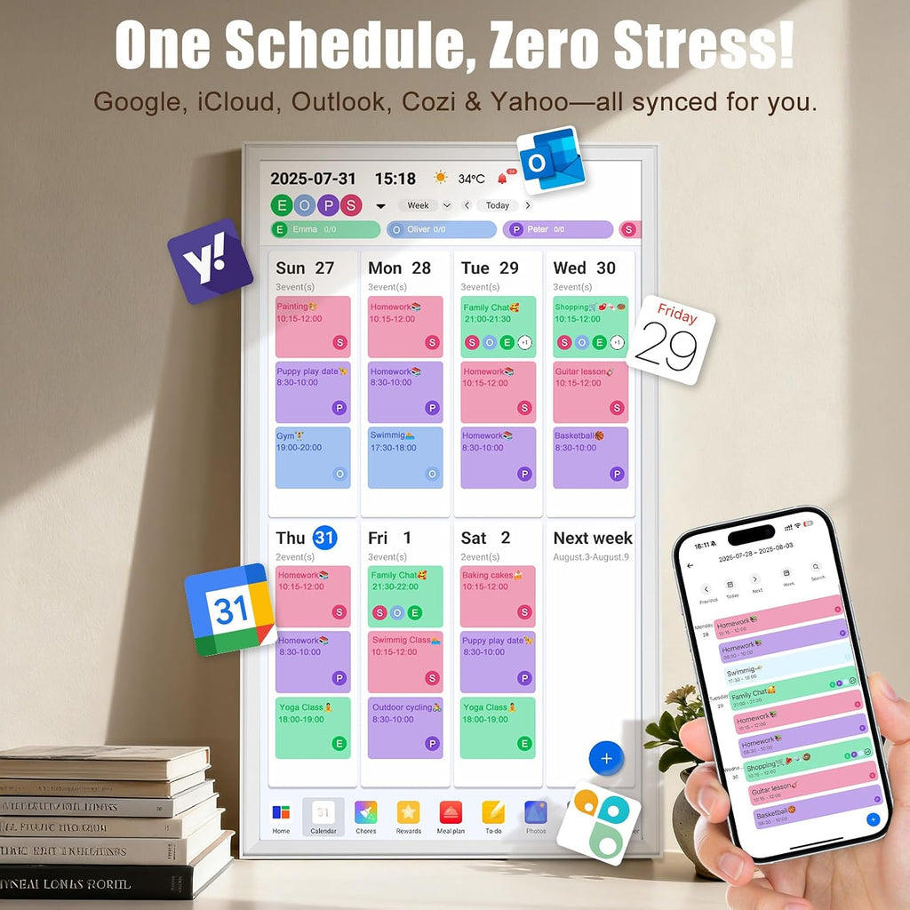 Digital Calendar 32' Smart Touchscreen Electronic Calendar with Family Chore To-do Organizer & Reward System, Dual Mode Smart Calendars & Photo Frame, Wall Mount, 1080P HD Display (White, 32-inch)