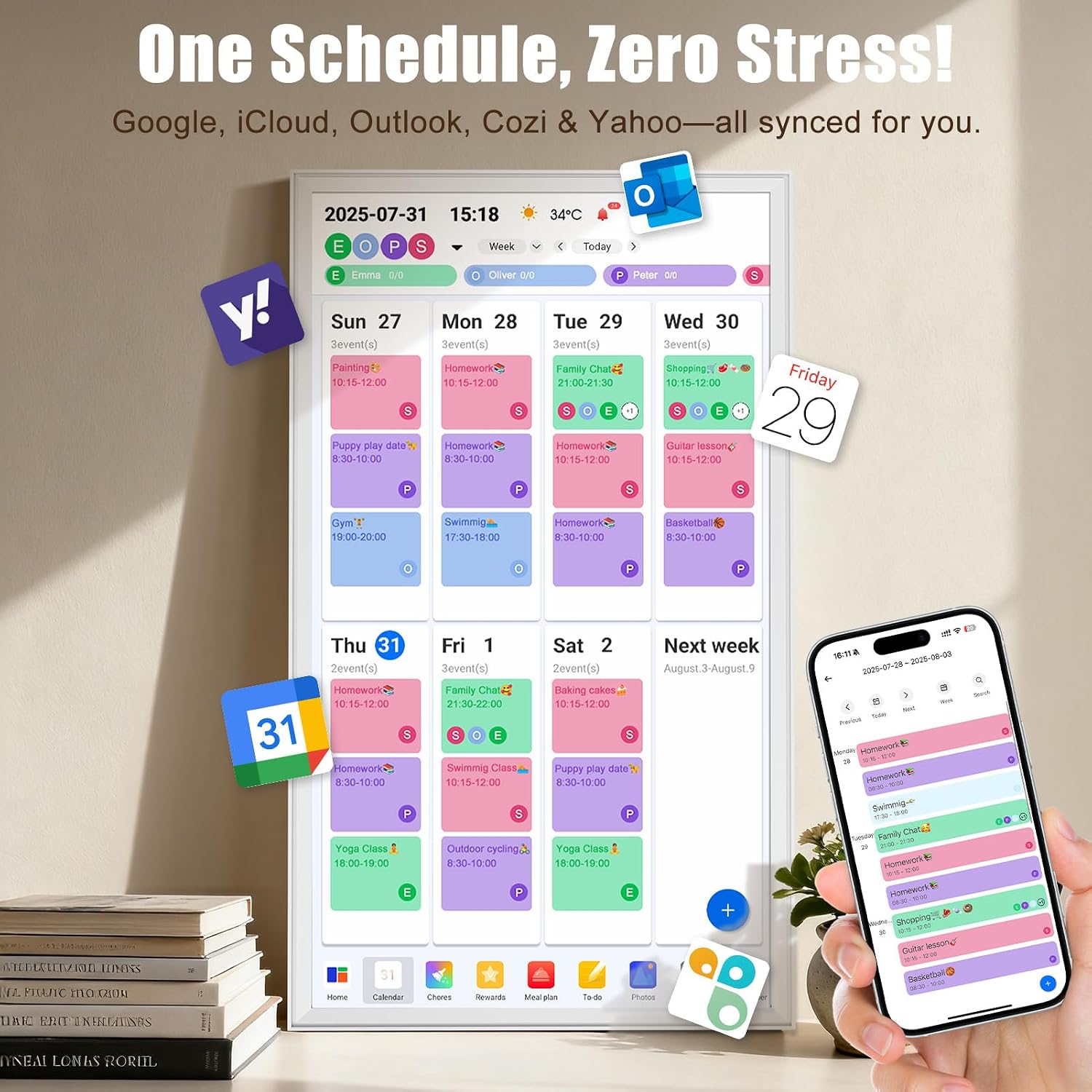 Digital Calendar 32' Smart Touchscreen Electronic Calendar with Family Chore To-do Organizer & Reward System, Dual Mode Smart Calendars & Photo Frame, Wall Mount, 1080P HD Display (White, 32-inch)