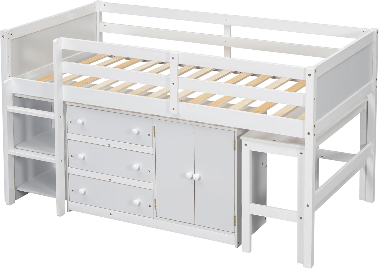 JIVOIT Twin Size Low Loft Bed with Retractable Desk, Multifunction Loft Bed with 3 Drawers, Cabinet and Shelves, Space Saving Wood Bed Frame for Kids Boys Girls (White * 02)
