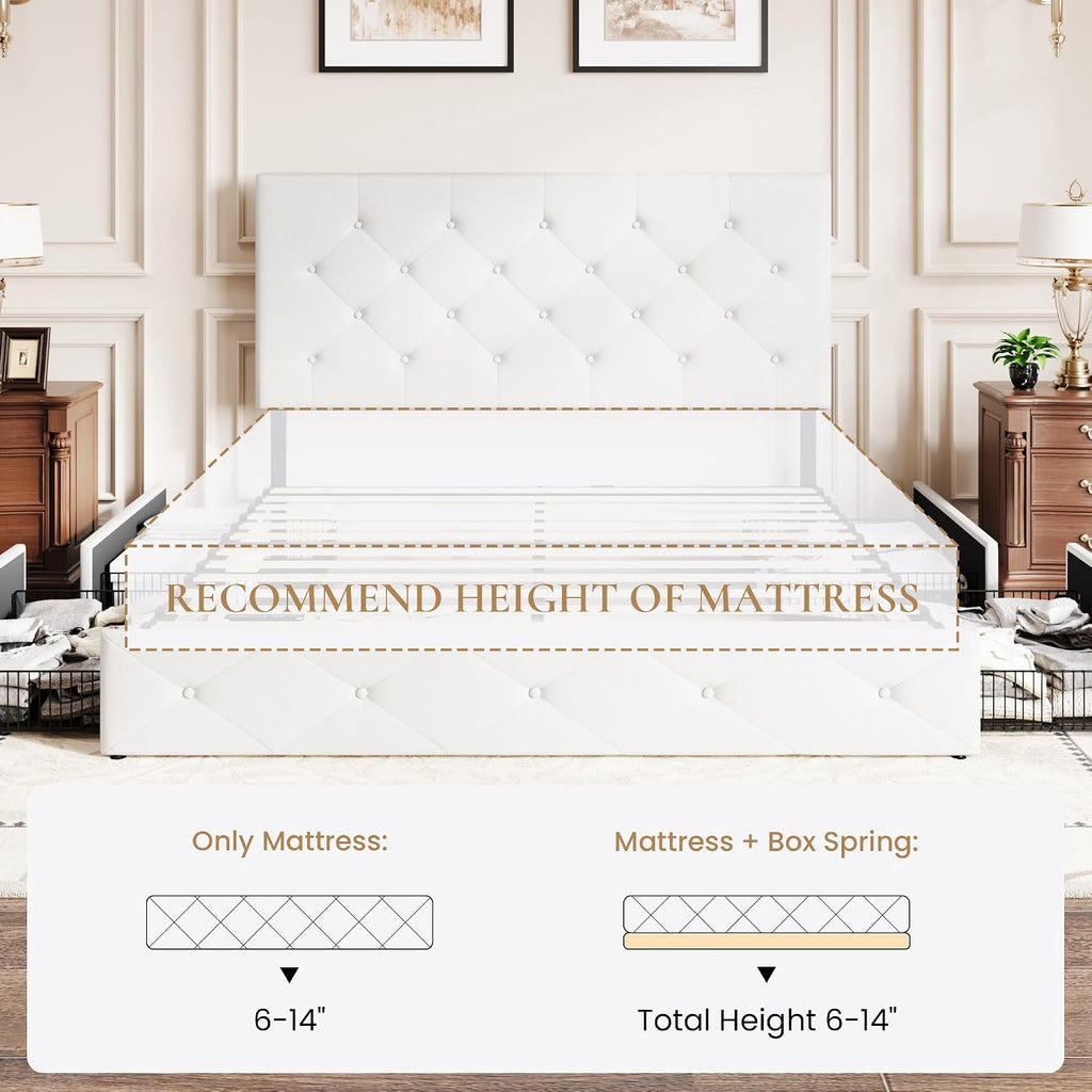 SHA CERLIN Upholstered Queen Platform Storage Bed Frame with 4 Drawers, Adjustable Headboard with Faux Leather Diamond Button Tufted Design, Wooden Slat Support, No Box Spring Needed, White