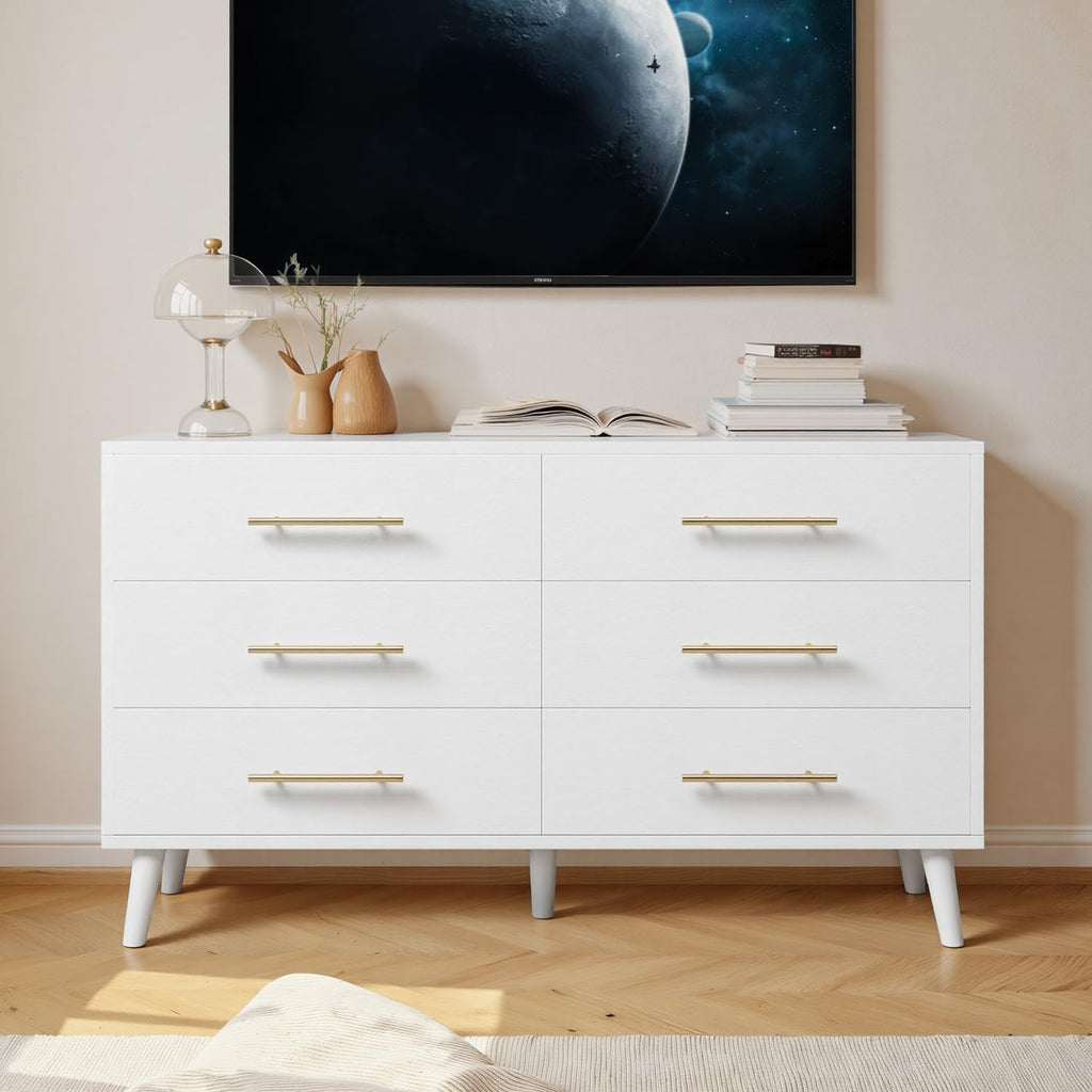 Ahomly 6 Drawer Dresser for Bedroom, 47.5' Wide Chest of Drawers with Metal Handles and Anti-Tip Kit, Large Capacity Storage Dresser for Living Room, Entryway, or Nursery, White