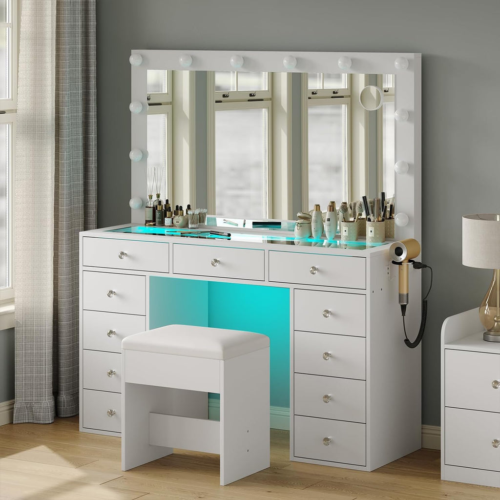 Makeup Vanity Desk with RGB Lights and Large 47.2'' Mirror, 11 Drawers Makeup Vanity with Lighted Mirror, 3 Color Option, Brightness Adjustable, Make Up Vanity with Charging Station Woman, White