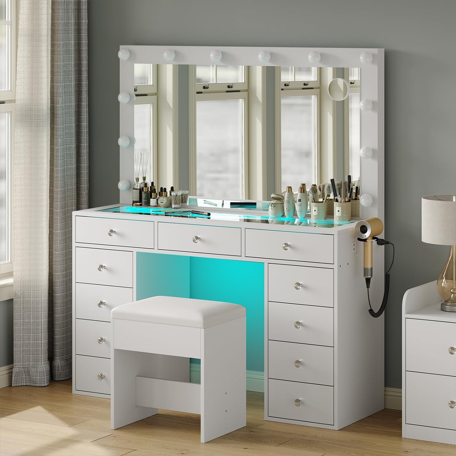 Makeup Vanity Desk with RGB Lights and Large 47.2'' Mirror, 11 Drawers Makeup Vanity with Lighted Mirror, 3 Color Option, Brightness Adjustable, Make Up Vanity with Charging Station Woman, White