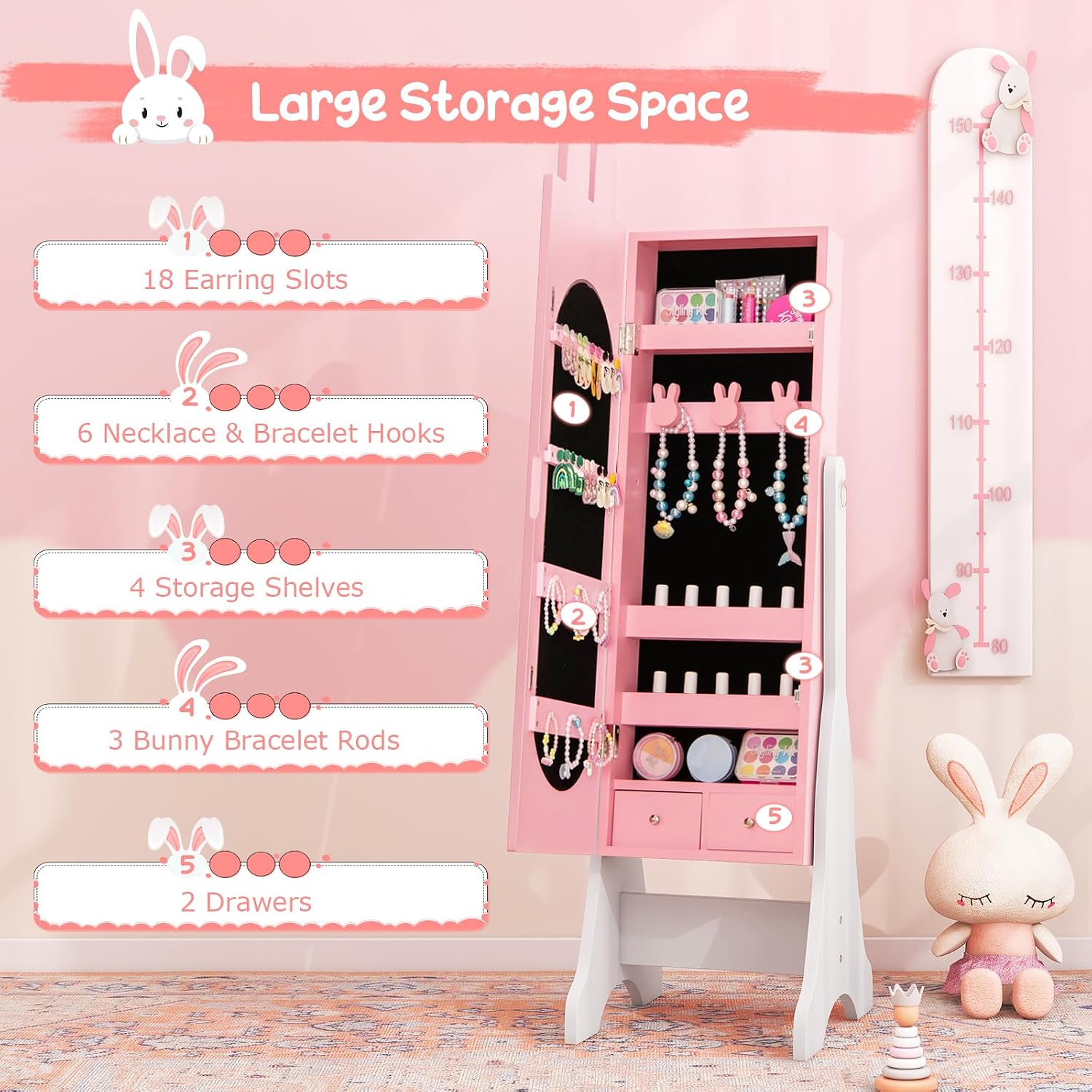 Costzon Kids Vanity Set & Jewelry Armoire Cabinet, Wooden Kids Vanity Table and Chair Set, Standing Jewelry Organizer with Full-Length Mirror, Kids Bedroom Furniture Set for Girls (Pink)