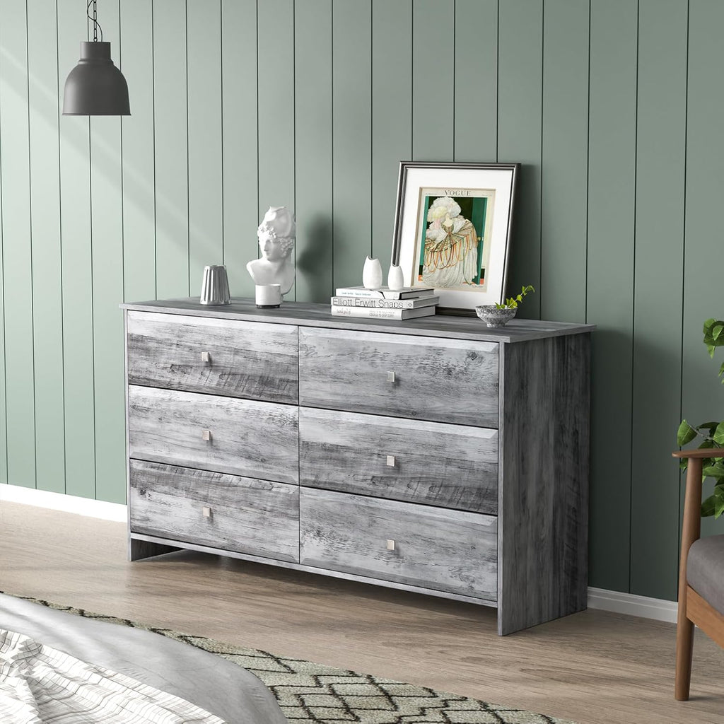 VINGLI Washed Gray Dresser 6 Drawer, 53.9' Long Dresser Wood with Textured Drawer Front, Grey Chest Dressers for Bedroom, Storage Cabinet, Chest of Drawers, Living Room,Hallway,Rustic