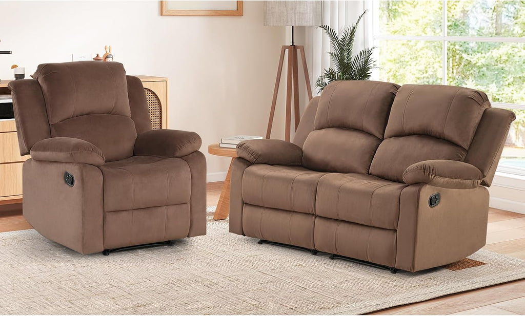 EBELLO Manual Reclining Couch Set for Living Room, Include 1 Recliner Chair, 1 Loveseat Sofa, Recliner Sofa Furniture Set for Home and Office, Brown