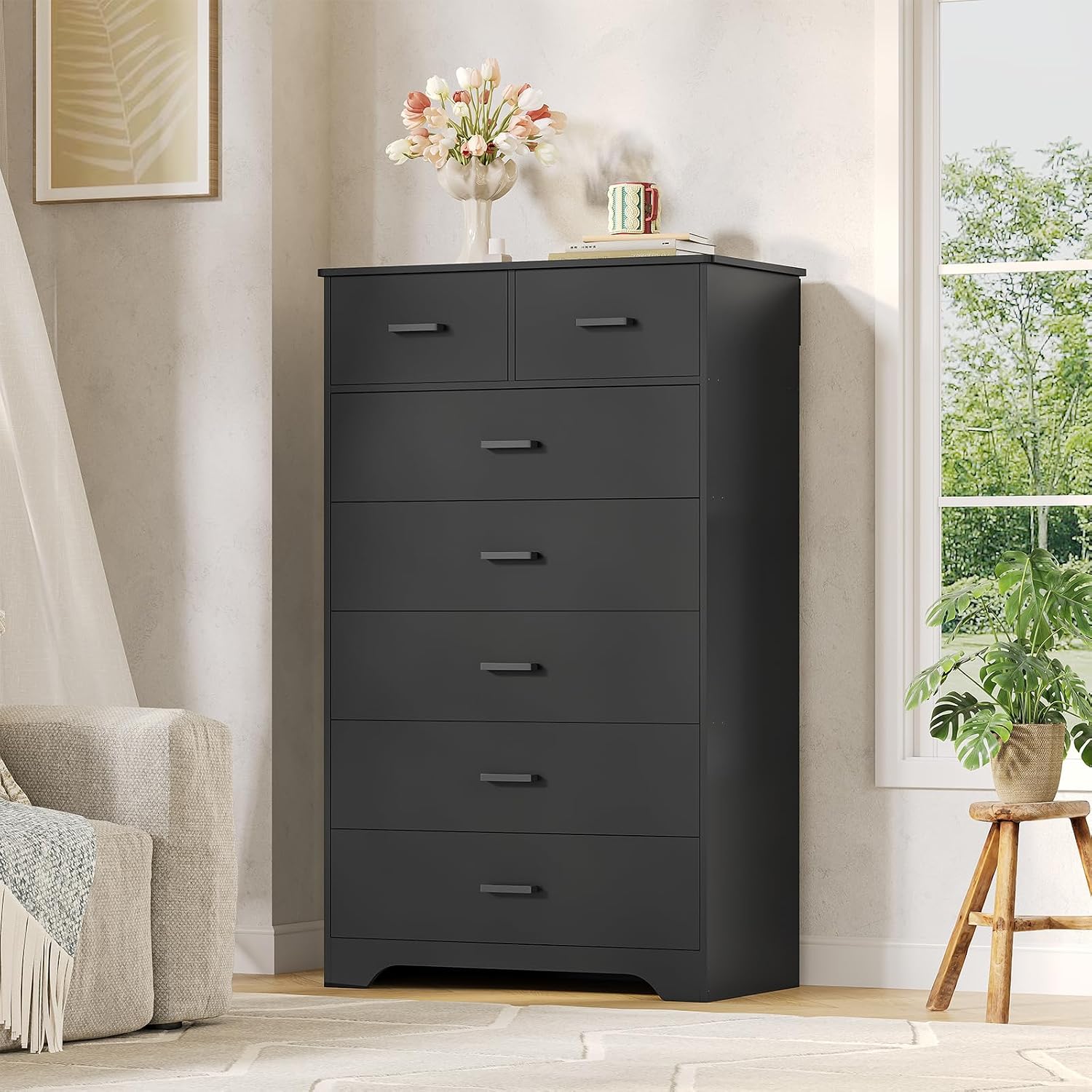 DICTAC Black Dresser for Bedroom with 7 Drawers, 55.7' Tall Dressers Chest of Drawers, Modern Large Wood Storage Dresser Organizer with Metal Handle, Vertical Dressers for Bedroom Living Room Nursery