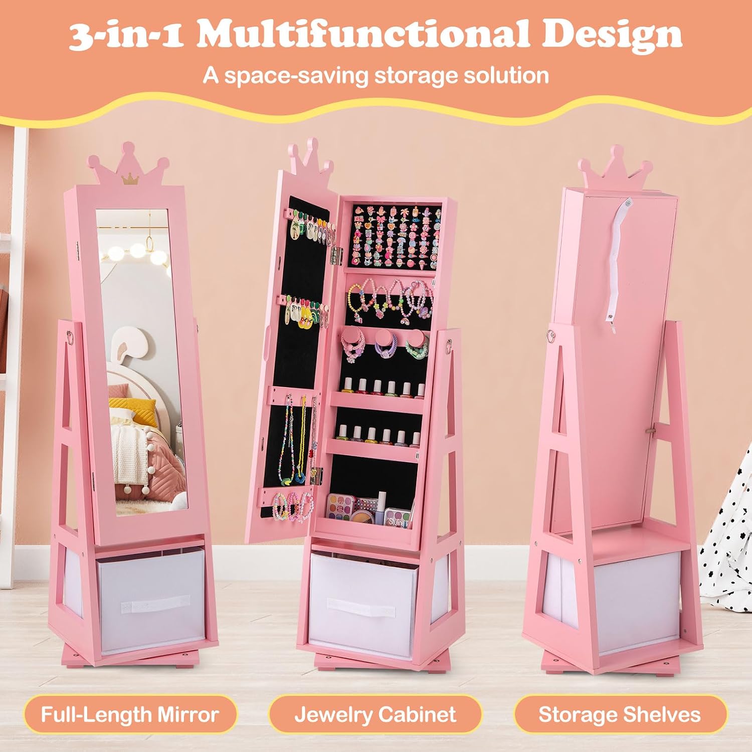 HONEY JOY 2 Piece Kids Vanity Set & Jewelry Armoire Cabinet, Crown Wooden Makeup Table & Chair Set, Dress Up Jewelry Organizer w/Full-Length Mirror, Kids Bedroom Furniture for Girls Playroom (Pink)