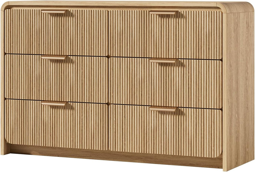 Fluted 6 Drawer Dresser, 47' Wide Wooden Storage Chest with Rounded Curved Corners and Gold Handles, Natural Oak Wood Dresser for Bedroom, Living Room, Hallway