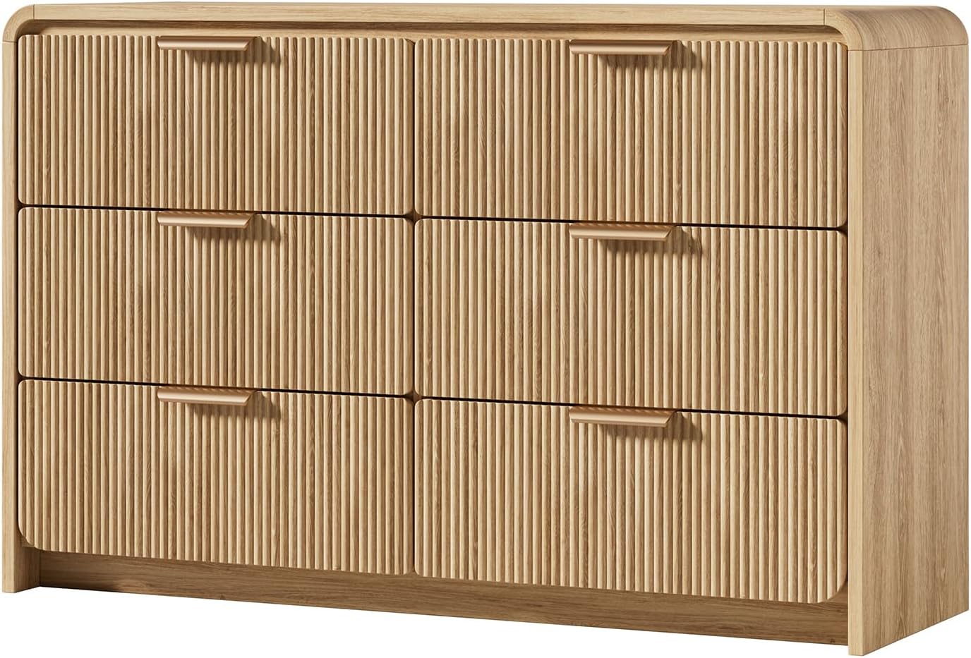 Fluted 6 Drawer Dresser, 47' Wide Wooden Storage Chest with Rounded Curved Corners and Gold Handles, Natural Oak Wood Dresser for Bedroom, Living Room, Hallway