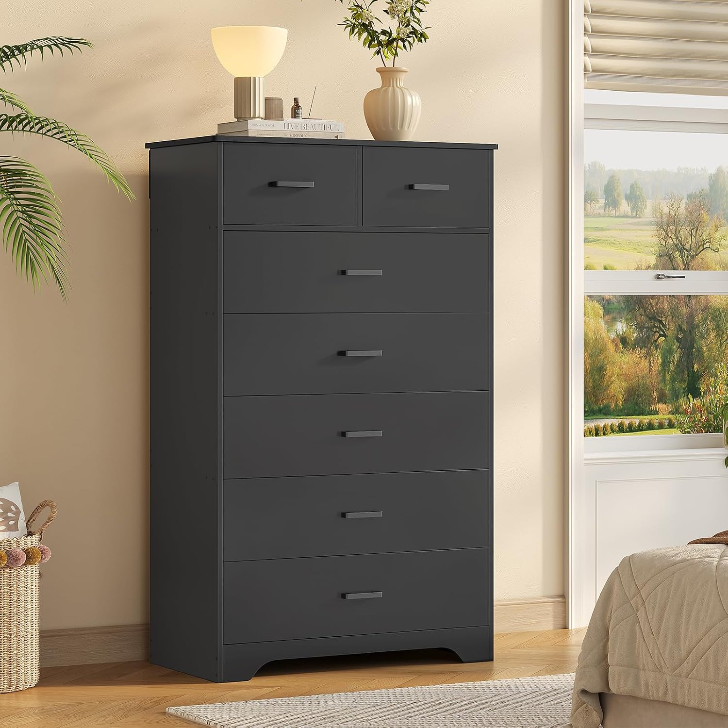 DICTAC Black Dresser for Bedroom with 7 Drawers, 55.7' Tall Dressers Chest of Drawers, Modern Large Wood Storage Dresser Organizer with Metal Handle, Vertical Dressers for Bedroom Living Room Nursery