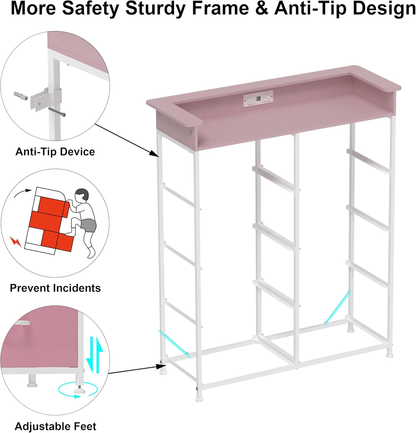 Pink Dresser for Bedroom with Charing Station Dressers with LED Lights Tall Dresser with 8 Drawers Storage Tower for Closet Living Room Hallway Entryway Sturdy Steel Frame Wood Top