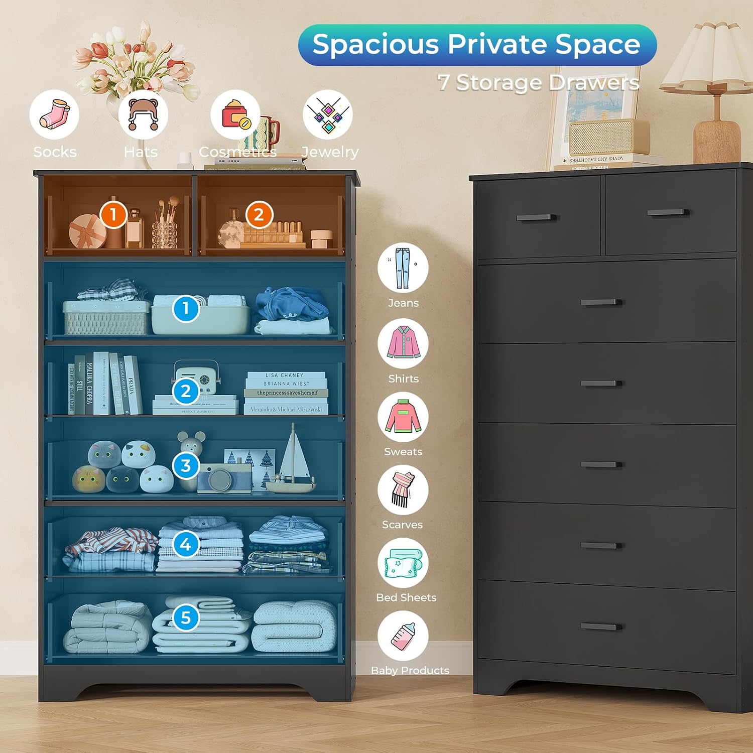 DICTAC Black Dresser for Bedroom with 7 Drawers, 55.7' Tall Dressers Chest of Drawers, Modern Large Wood Storage Dresser Organizer with Metal Handle, Vertical Dressers for Bedroom Living Room Nursery