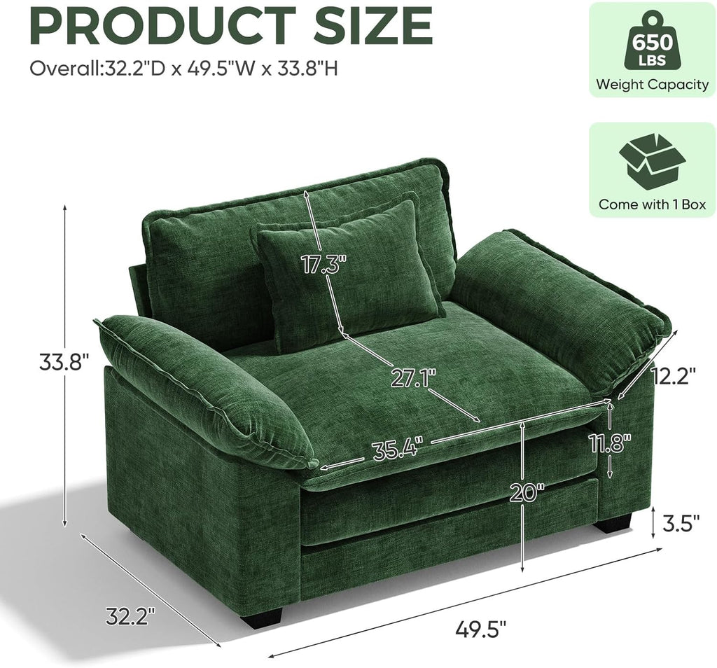 HUSFU 49.5'' W Oversized Accent Chair, Chenille Cloud Sofa Chair with Deep Seat and Extra Wide Armrests, Comfy Reading Armchair for Bedroom, Living Room, Set of 2, Green