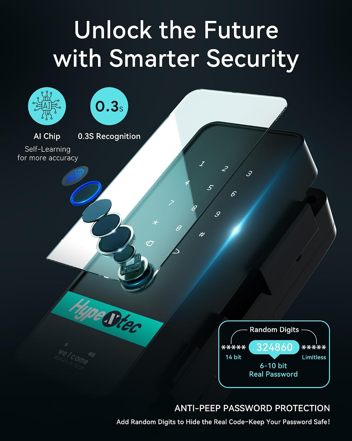 2026 No-Drill Smart Glass Lock for Frameless Doors,Auto-Reversal Keyless Entry Gate Locks with 5 Unlock Ways,Bluetooth App Control/Fingerprint/IC Card/Password/Keys,Home Office Business