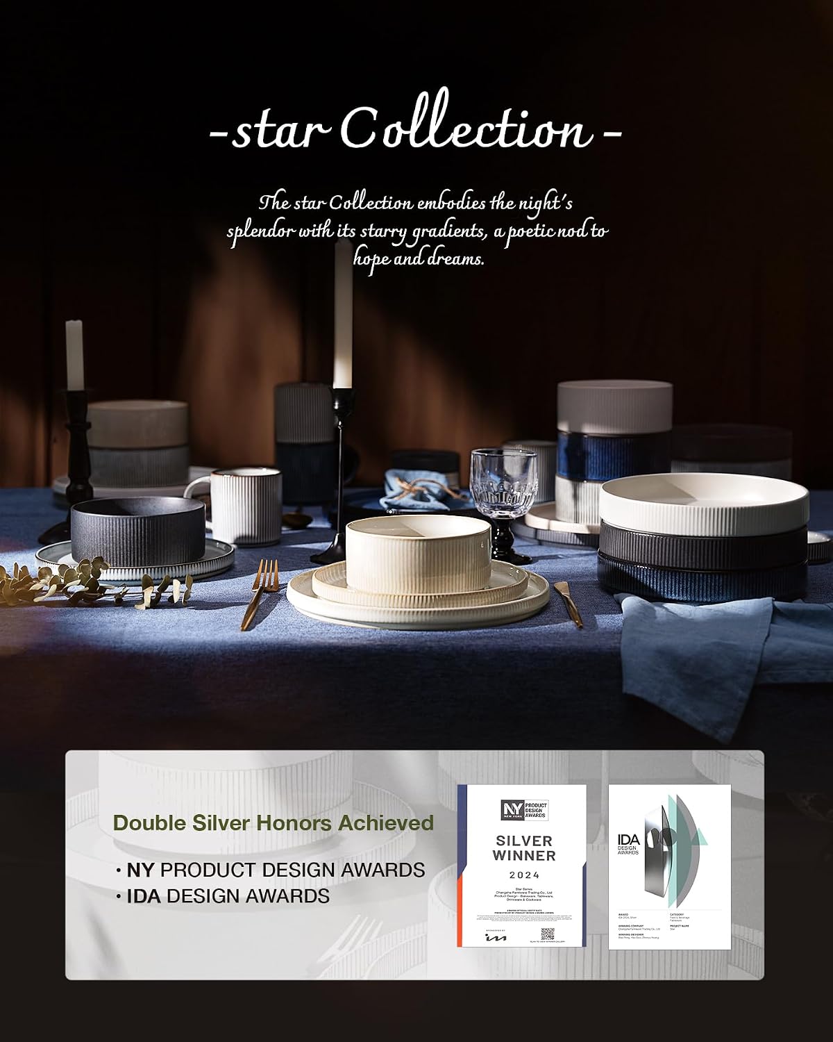 Famiware Star Dinnerware Set with Pasta Bowls, Service for 6 (24 Pieces), Ribbed Stoneware Plates and Double Bowls Sets - Chip & Scratch Resistant, Microwave & Dishwasher Safe Dishes, Cappuccino White