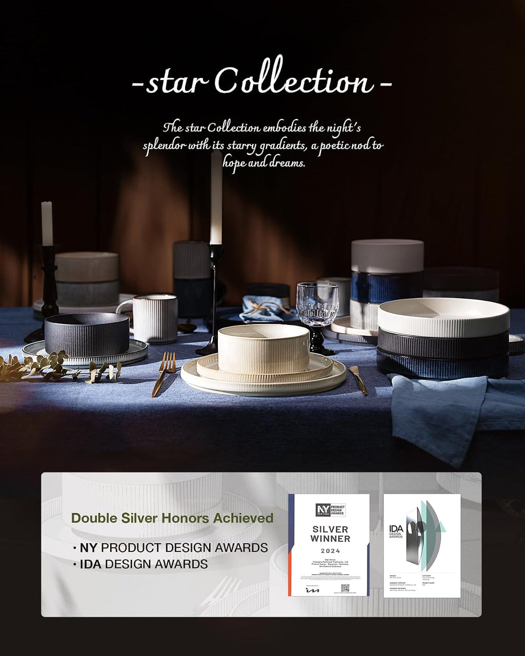 Famiware Star Dinnerware Set with Pasta Bowls, Service for 4 (16pcs), Ribbed Stoneware Plates and Double Bowls Dishes Sets - Chip & Scratch Resistant, Microwave & Dishwasher Safe, Cappuccino White